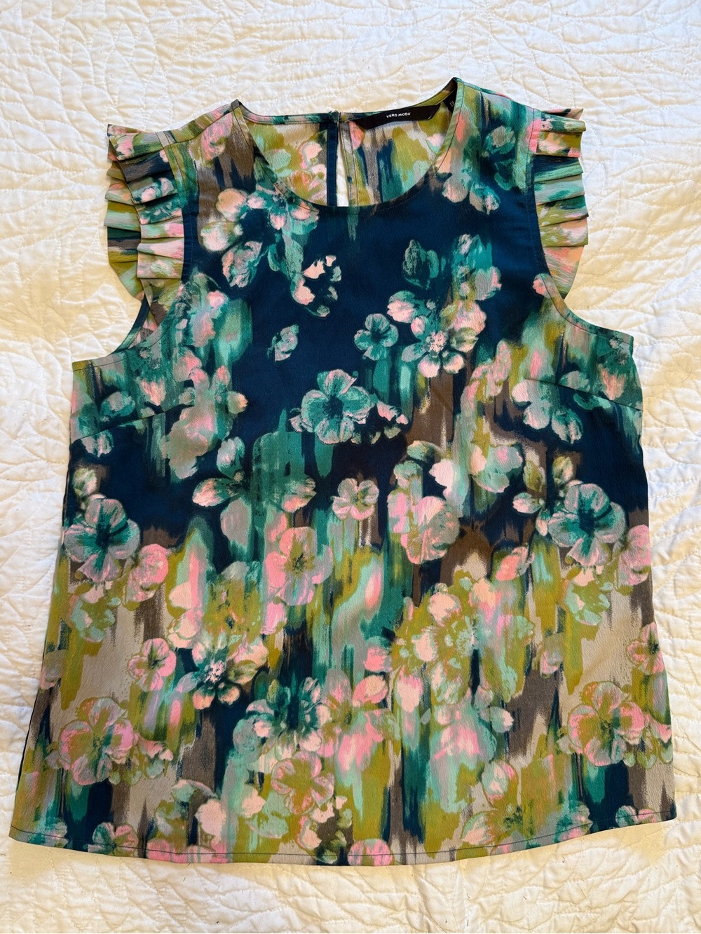 Vero Moda Navy Floral Painterly Ruffle-Sleeve Camisole